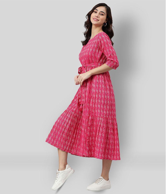 Janasya - Pink Cotton Womens Fit & Flare Dress ( Pack of 1 ) - None