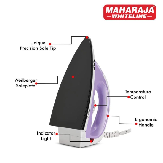 Maharaja Whiteline Sleek DLX 1000 Watt Dry Iron | Purple & White