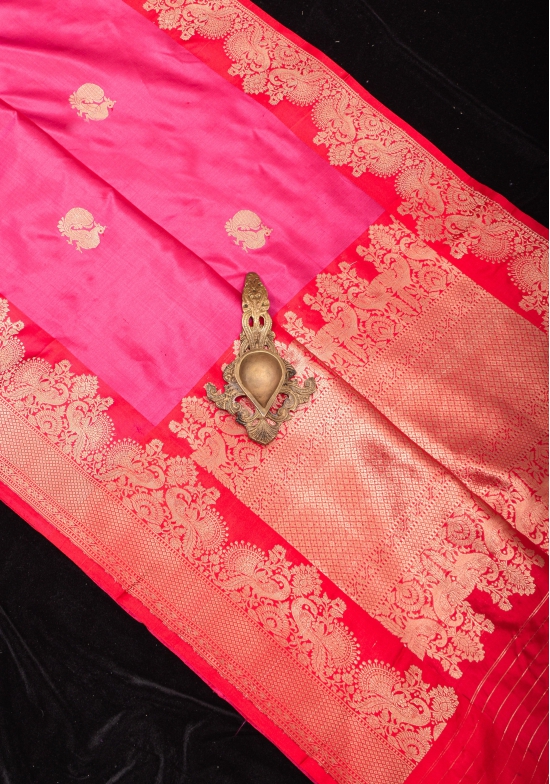 Peacock Butta Shikaargah Banarasi  Saree in Pink Dual Tone and Red | Silk Mark Certified