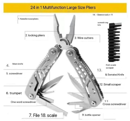 24 in 1 Multi-function Plier Tools Made of Stainless Steel with 11 Screwdriver bits with Safety Hook, Bottle Opener, Multifunction Pliers for Outdoor Camping
