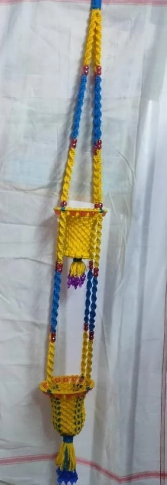 Macrame Hanging Planter with 2 Pots, Yellow and Blue