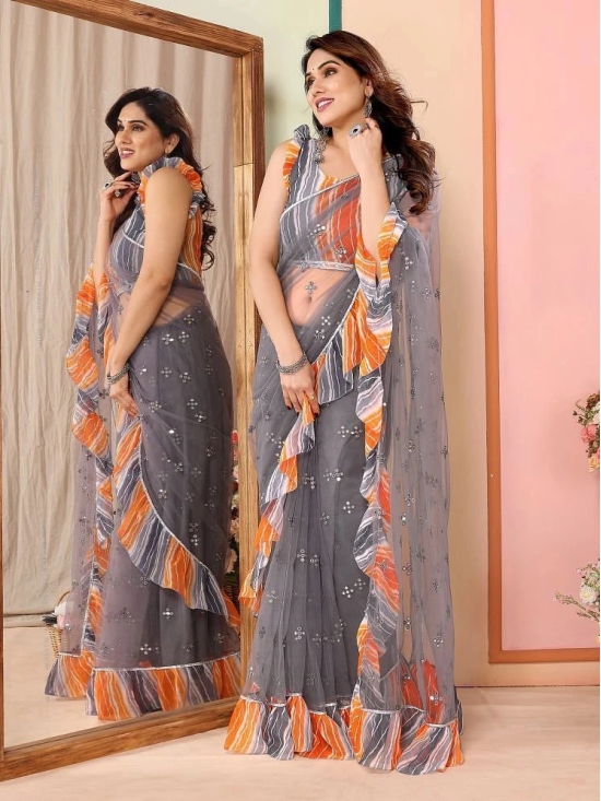 Gazal Fashions Net Embroidered Saree With Blouse Piece - Grey ( Pack of 1 ) - Grey