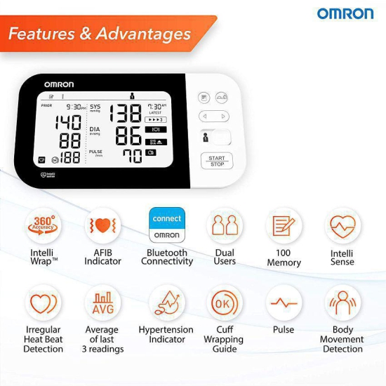 Omron HEM 7361T Bluetooth Digital Blood Pressure Monitor with Afib Indicator and 360Ã?Â° Accuracy Intelliwrap Cuff for Most Accurate Measurements (White)