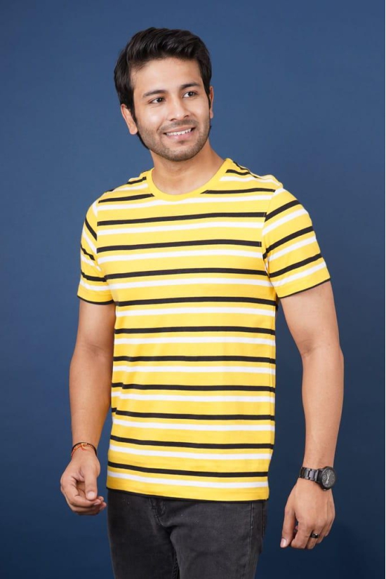 Mens Yellow Striped Crew Neck T-Shirt