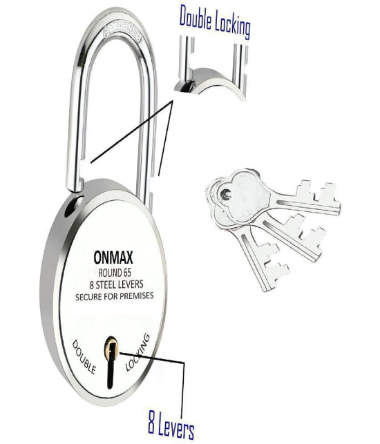 Onmax New Round 65mm Lock | Long Shackle Padlock | Metal Body | Double Locking | 8 Steel Levers | Silver Finish | Home Improvement | Made in India |(SRDL65)Pack of 3 Pcs