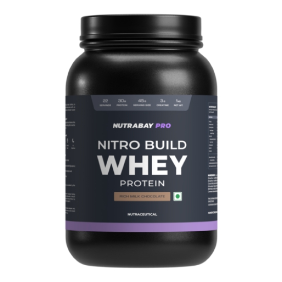 Nutrabay Pro Nitro Build Whey Protein Powder - 1kg, Chocolate | 30g Protein, 3g Creatine, 6.6g BCAA | Easy to Digest | NABL Lab Tested | Muscle Growth & Recovery | Gym Supplement for Men & Women