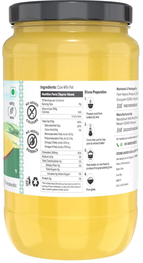 Farm Naturelle-A2 Desi Cow Ghee from Grass Fed Sahiwal Cows,Vedic Bilona Method-Curd Churned-Golden, Grainy & Aromatic, Keto Friendly, Non-GMO, Lab Tested, Glass Jar-1000ml and a Wooden Spoon.