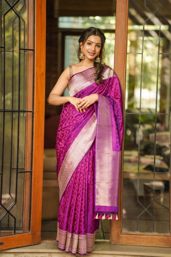 Purple Exquisite Tanchoi Floral Banarasi Saree in Pure Silk Satin with Zari detailing | SILK MARK CERTIFIED