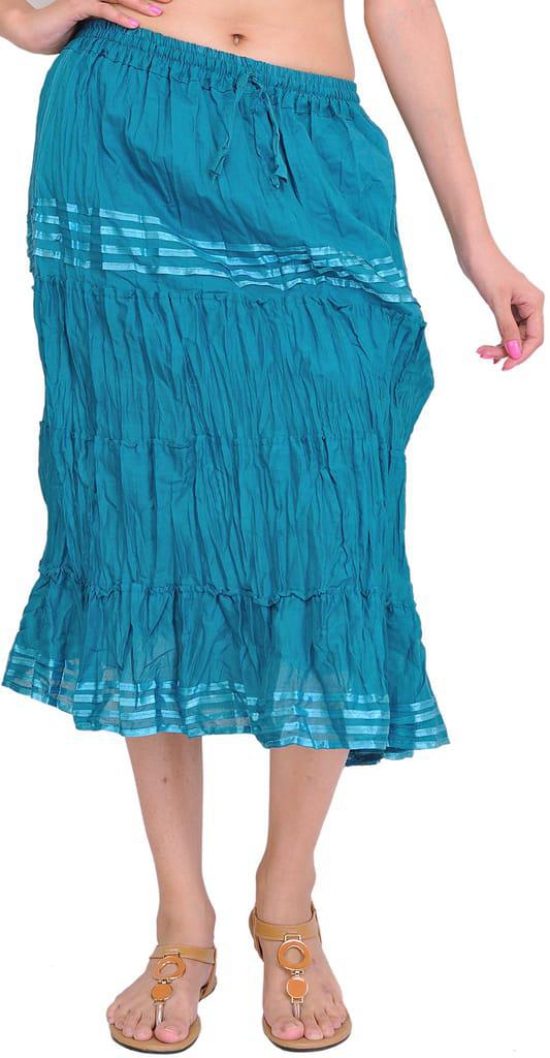 Storm-Blue Plain Elastic-Waist Midi Skirt with Lace