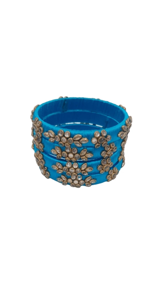 Set of 4 Blue Silk Thread Bangles with Stone and Pearl Embellishment