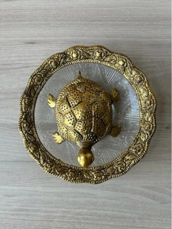 Aarna Creations Vastu Tortoise with Plate| Decorative Glass Metal Golden Carved Kachua with Plate | Metal Glass Fengshui Tortoise