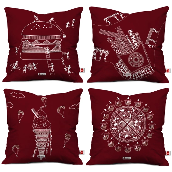 Indigifts Cushion Cover 18 Inch X 18 Inch Food Lovers Themed Designer Printed Square Pillow Set of 4 - Diwali Decoration For Home, Warli Art Designer Print, Gift For Foodie, Cushion for Car