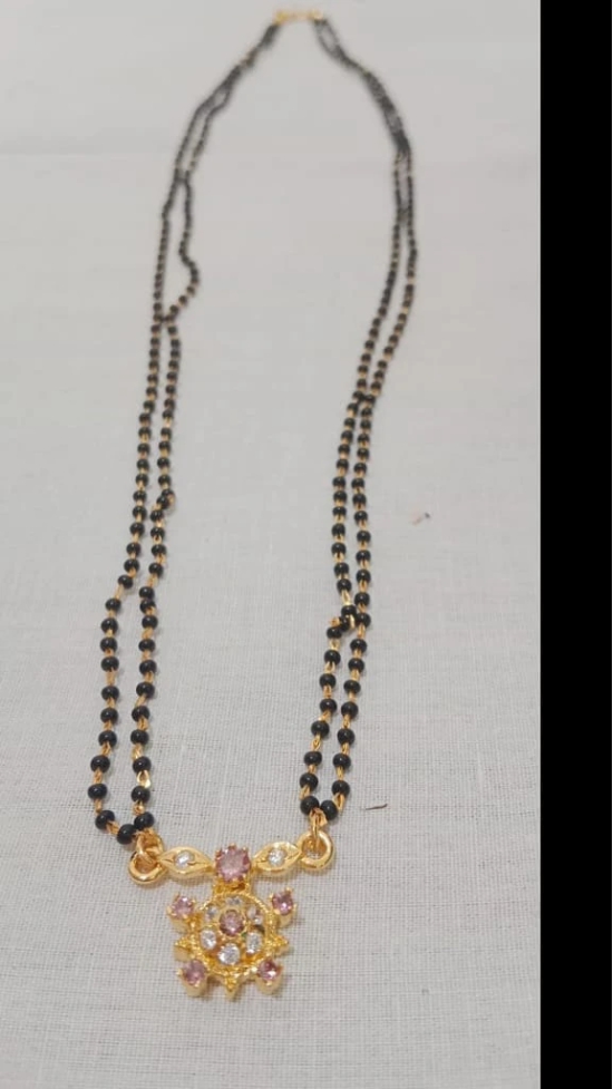 1 Gram Gold Mangalsutra with Black Beads and Floral Pendant