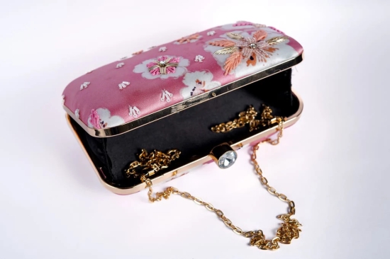 PINK WOMEN SILK SATIN FABRIC HAND EMBROIDED CLUTCH CUM SLING BAG