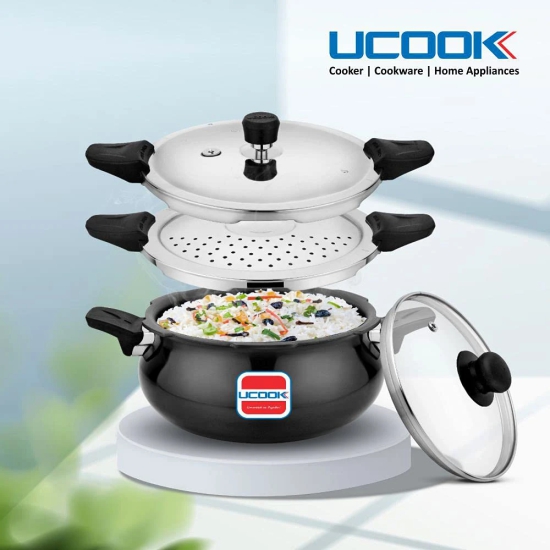 UCOOK By UNITED Ekta Engg. Smart 3 in 1 Hard Anodised Induction Base 3 Litre Handi Shape Multipurpose/All in one Pressure Cooker with Strainer and Glass Lid, Black