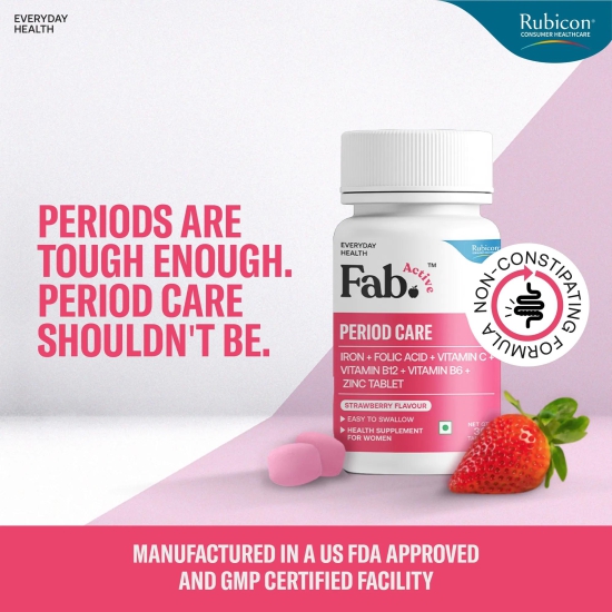 Fab Active Period Care | Iron, Folic Acid, Vitamin C, Vitamin B12, Zinc & Vitamin B6 Supplement | Supports Haemoglobin, Blood Building, Hormonal Balance & Pain Relief | Relieves PMS Symptoms | No