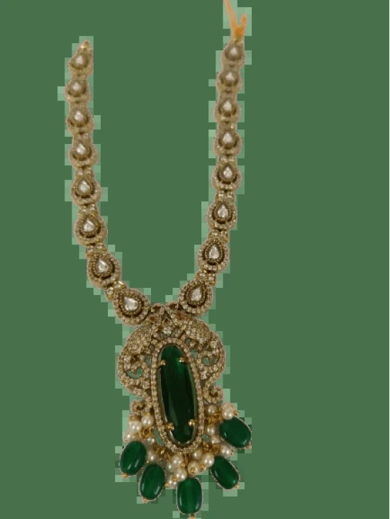 Stunning Gold-Plated Kundan Necklace Set with Green Stones and Pearls