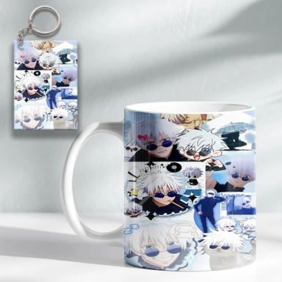 ForVano Anime Printed Mug for Gifting Jujutsu Kaisen Gojo Ceramic Cup with Keychain Combo S4