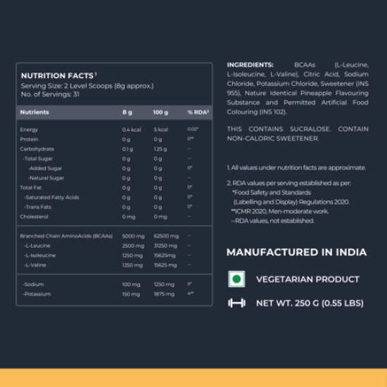 Nutrabay Gold BCAA 2:1:1 with Electrolytes - 5g Vegan BCAAs, Pre/Post Workout Energy Drink - 250g, Pineapple