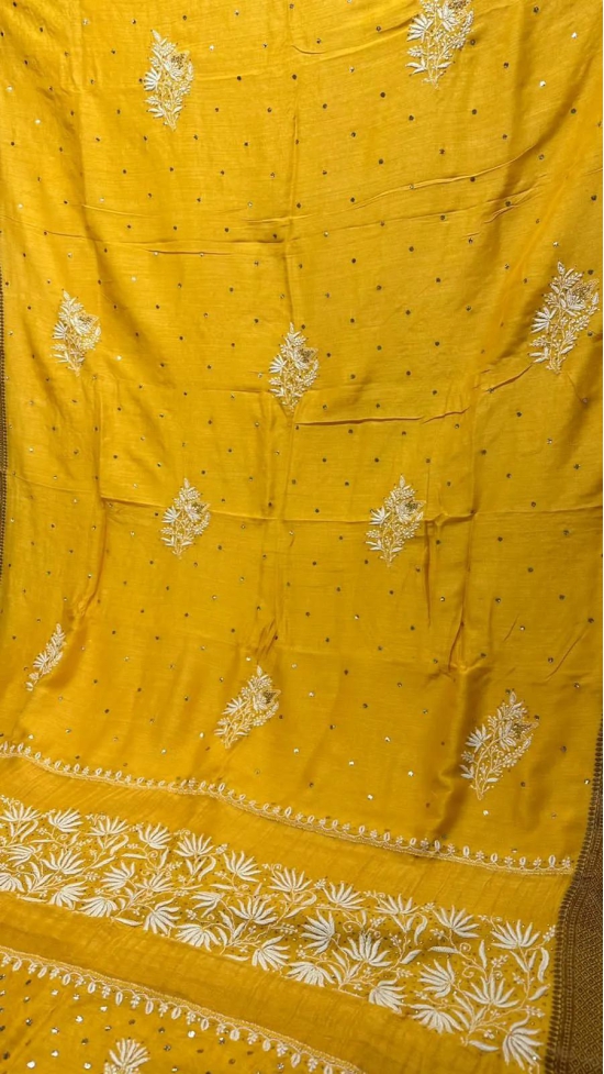 SOFT PURE MOONGA SILK, CHIKAN HAND EMBROIDERED SAREE-MUSTARD YELLOW / SOFT PURE MOONGA SILK / CHIKAN HAND EMBROIDRED