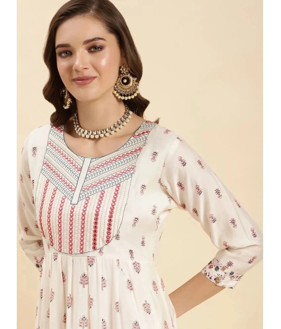 Rangita Women Off White Silk Embroidered Calf Length Tiered Flared Kurti - None