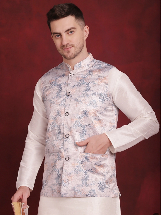 Silver Floral Printed Nehru Jacket With Kurta Pyjama Set-M / Silver