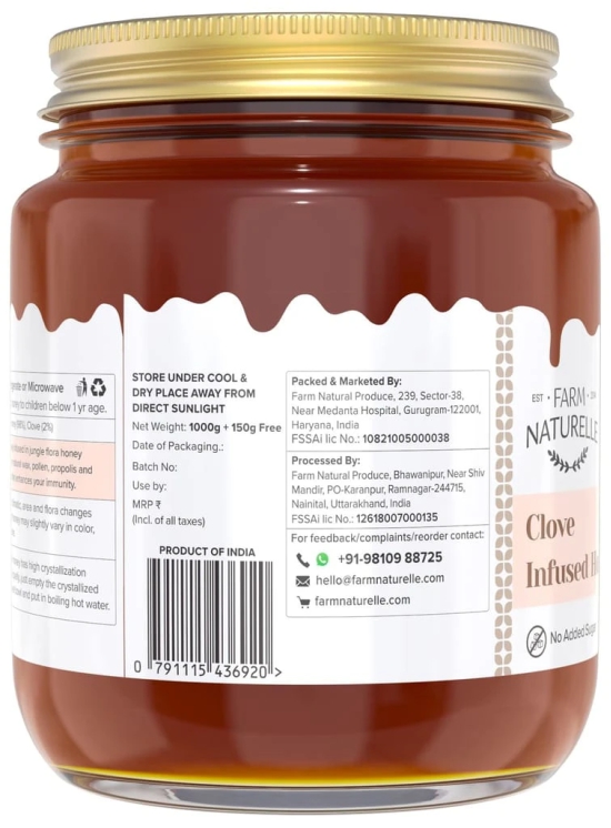 Farm Naturelle-Real Clove Infused Wild Forest Honey |1000gm+150gm Extra and a Wooden Spoon | 100% Pure, Raw Natural - Un-Processed - Un-Heated Honey | Lab Tested Clove Honey in Glass Bottle.