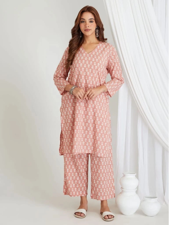 BREATHABLES Women Cotton Printed Loungewear Kurta and Pants Co-ord Set 3/4 Sleeve V Neck Comfort Loose Fit Peach I Night Wear | Co-ord set | Lounge Wear Set