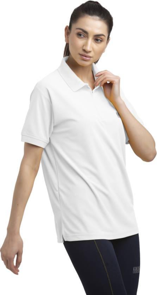 Women Solid Polo Neck Polyester White T-Shirt