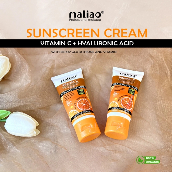 Maliao Vitamin C Sunscreen Cream with Berry Glutathione & Hyaluronic Acid - SPF 60+ PA+++ (High Protection, Waterproof, All Skin Types)