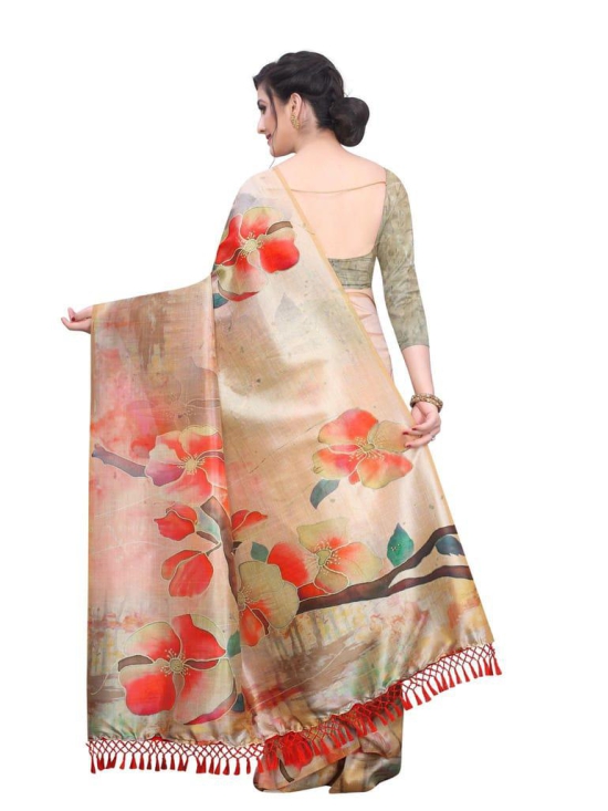 Silk Zone Women's Cotton Digital Printed Beige Saree With Unstitched Blouse Piece