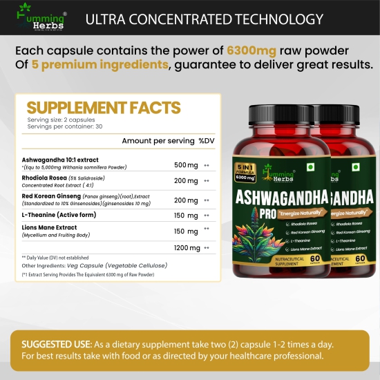 Humming Herbs Ashwagandha Pro - High Potency Adaptogen Blend with Rhodiola Rosea, Red Korean Ginseng, L-Theanine, & Lions Mane - Natural Stress Relief & Cognitive Support- Pack of 2