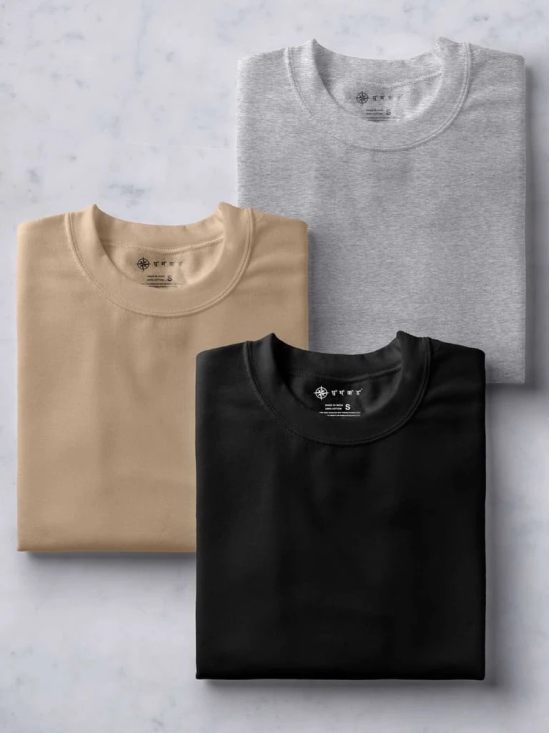 Black, Light Grey & Beige Half Sleeve Round Neck Cotton Plain Regular Fit Pack of 3 combo T-Shirt for men by Ghumakkad