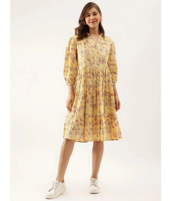 Divena Cotton Printed Midi Womens Fit & Flare Dress - Yellow ( Pack of 1 ) - None