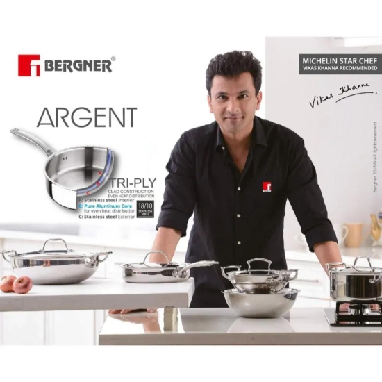 Bergner Argent Tri-Ply 16 cm Saucepan with Lid | Gas & Induction Compatible | Silver