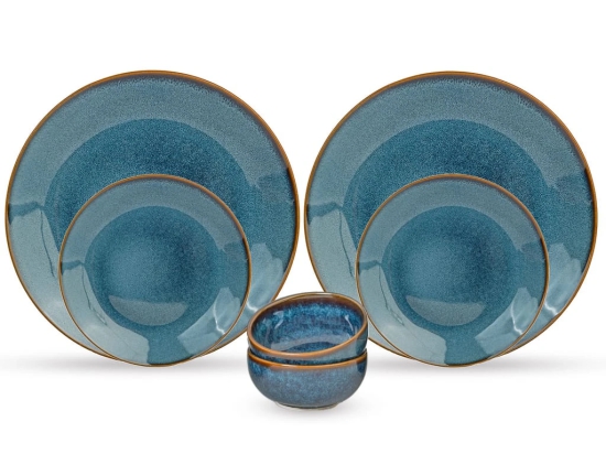 Handcrafted Stoneware Reactive Glaze Ceramic Dinner Set, 6 Pieces Serving for 2, Microwave and Dishwasher Safe, Bone-ash Free, Crockery Set for Dining and Gifting, Greenish Blue