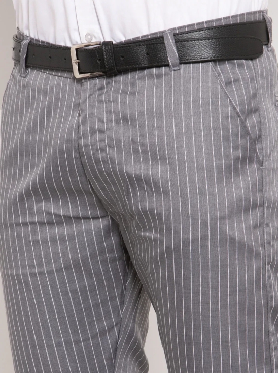 Indian Needle Men's Grey Cotton Striped Formal Trousers-30 / Grey