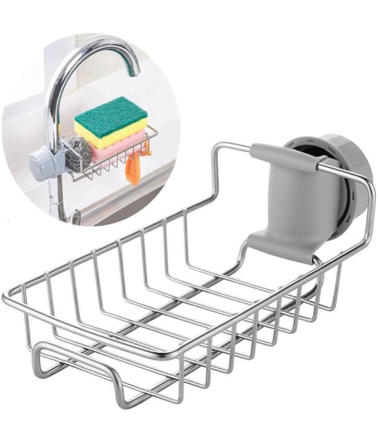 GEEO Kitchen Sink Faucet Sponge Holder Caddy organizer over, stainless steel heavy duty thickening hanging drain rack for scrubbers, sop, bathroom, detachable no suction cup bathroom sop hol