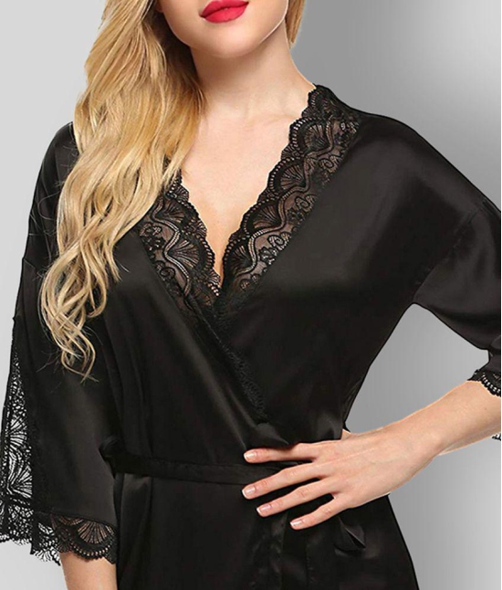 Celosia - Black Satin Women''s Nightwear Robes ( Pack of 1 ) - L