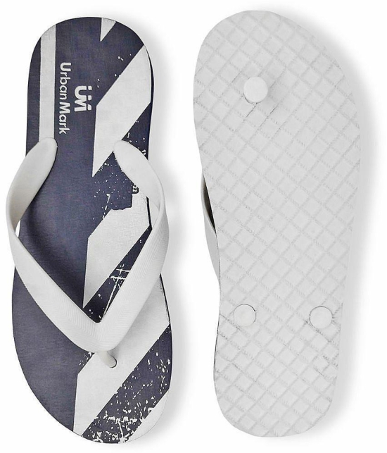 UrbanMark Men Comfortable Light Weight Printed Hawai Slippers- White & Navy - None