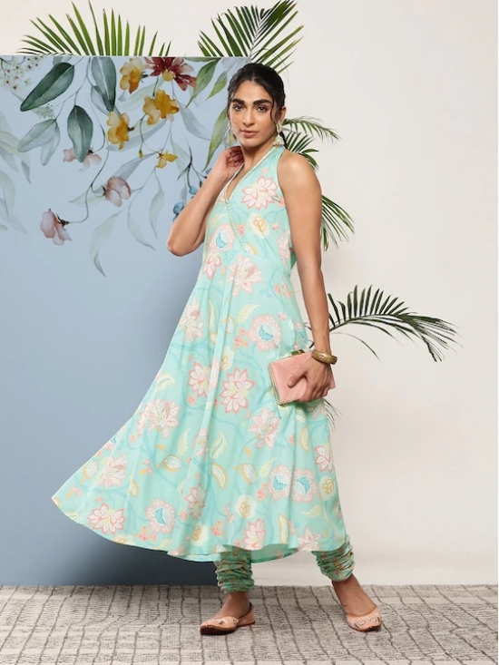 Women Blue Floral Printed Gotta Patti Kurta with Churidar