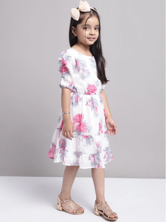 MINI & MING Girls Floral Print Puff Sleeve Georgette Fit & Flare Dress