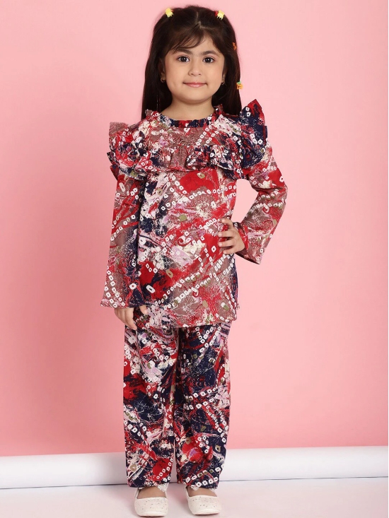 MINI & MING Girls Abstract Printed Round Neck Bell Sleeves Pleated A-Line Top