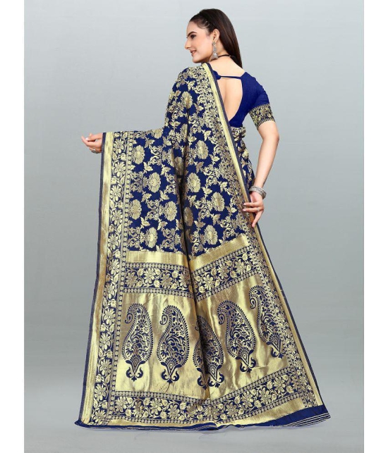 Om Shantam Sarees - Navy Blue Banarasi Silk Saree With Blouse Piece ( Pack of 1 ) - Navy Blue