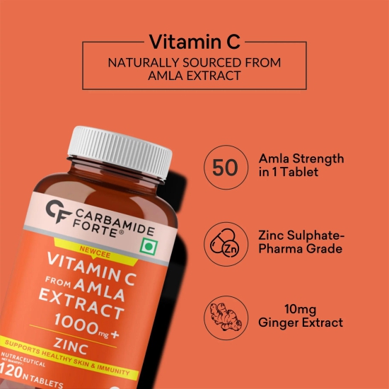 Carbamide Forte Natural Vitamin C Amla Extract With Zinc For Immunity & Skincare - 120 Veg Tablets