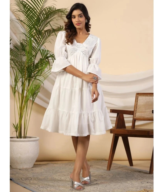 Juniper Cotton Embellished Knee Length Womens Fit & Flare Dress - White ( Pack of 1 ) - None