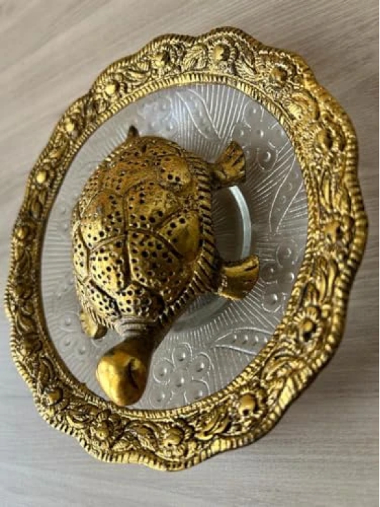 Aarna Creations Vastu Tortoise with Plate| Decorative Glass Metal Golden Carved Kachua with Plate | Metal Glass Fengshui Tortoise