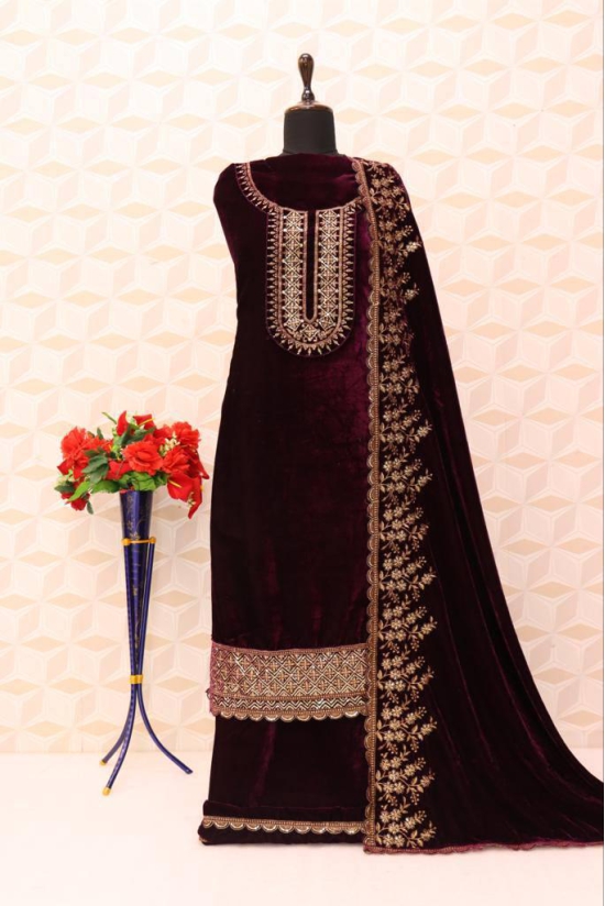 Lorenvelley Fashion Purple Velvet Salwar Suit Material Embroidered