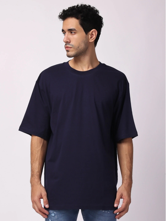 Navy Blue Plain Oversized Drop Shoulder T-Shirt-L / Navy Blue