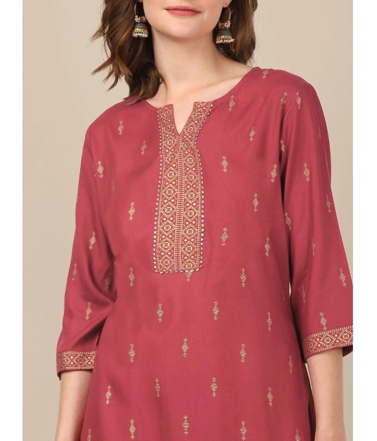 Rangita Women Rayon Maroon Gold Printed Placket Knee Length Straight Kurti - None